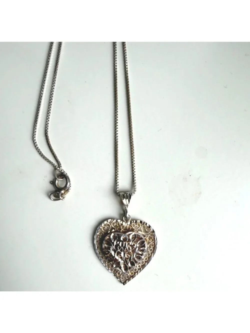 Sterling Silver Filigree Heart Pendant Necklace 925 Italy Box Chain